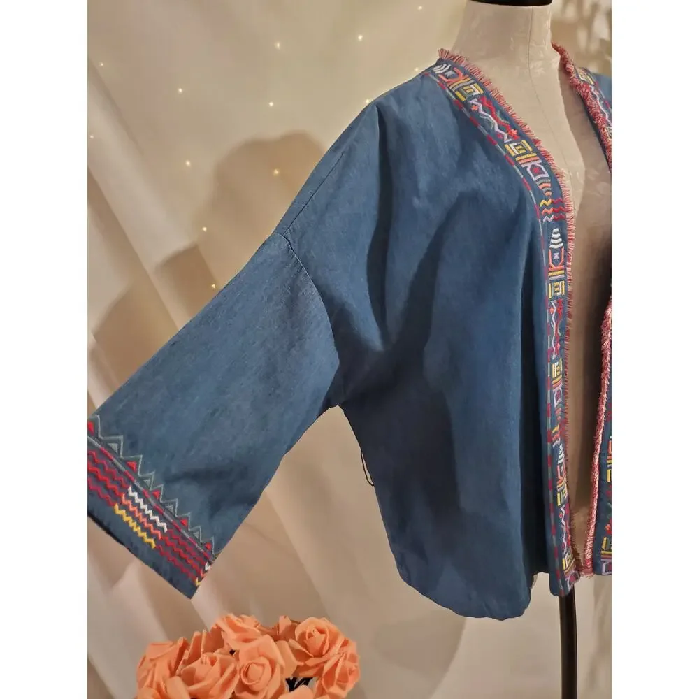 Falls Creek Chambray Denim Embroidered Southwestern Open Cardigan Size 1X Boho